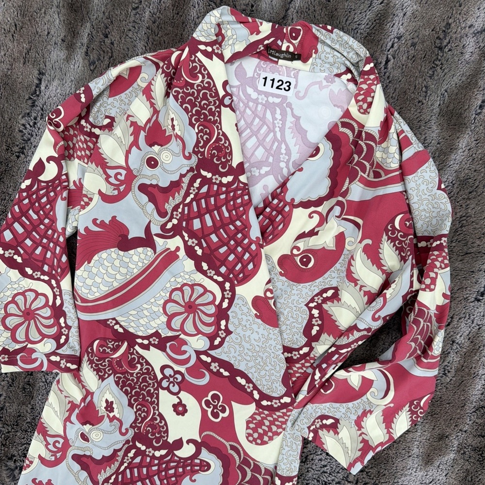 J. McLaughlin PaisleyFaux Wrap Dress in Pink/Gray Long Sleeve Retro Sz Small